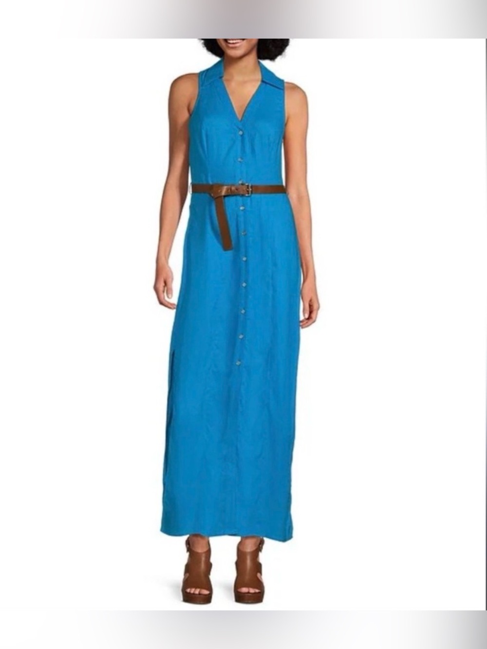 Michael kors linen Blue Sleeveless Button-Front Maxi Dress with belt